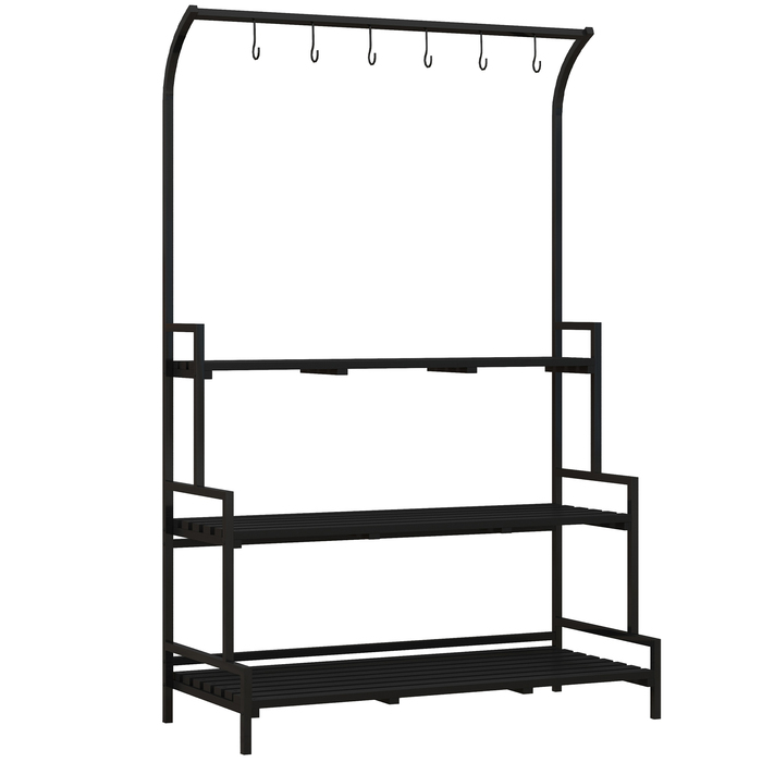 Outsunny Plant Stand Підставка для квітів з 3 ярусами та 6 гачками, сталеві сходи для рослин у чорному кольорі, 110x50x170см для саду та балкона
