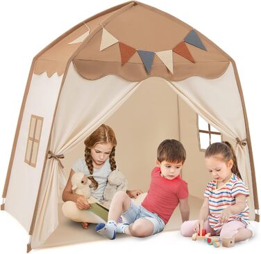 Дитяче намет-будиночок HOMASIS для гри в приміщенні, з 20 зірками, 12 стрічками, килимком, 2 вікнами та шторами, для дівчаток та хлопчиків (колір: коричневий)