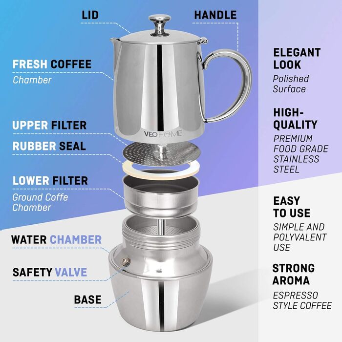 Мока-кавоварка VeoHome Mokka Pot на 10 порцій - нержавіюча сталь, італійська, для індукційних плит, газу, кераміки, електрики, без алюмінію, подвійний фільтр (300 мл)