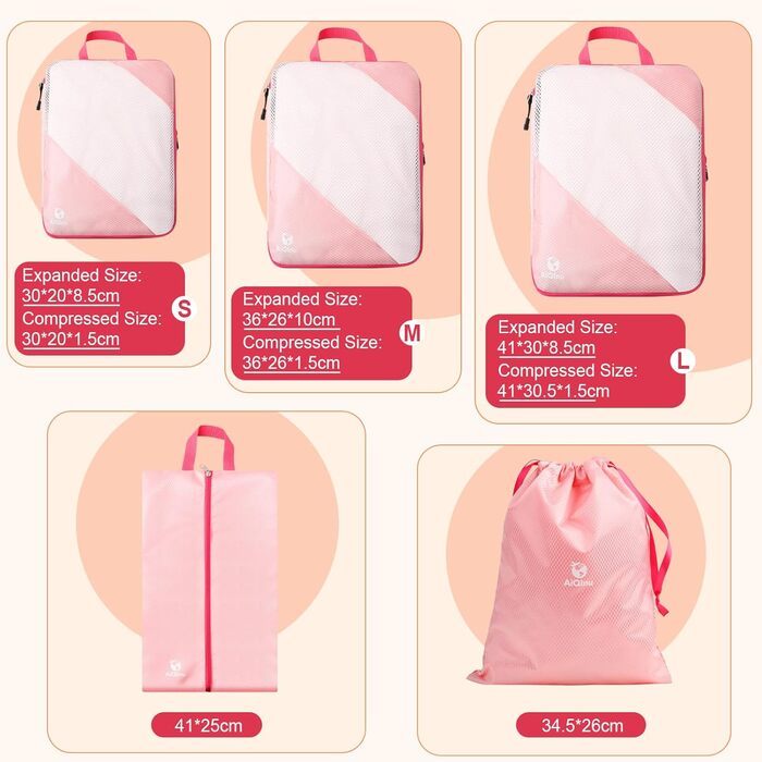 Набір компресійних органайзерів для подорожей AiQInu (5 шт.), ультралегкі сумки для пакування одягу в валізу з мішком для взуття та прання, рожеві