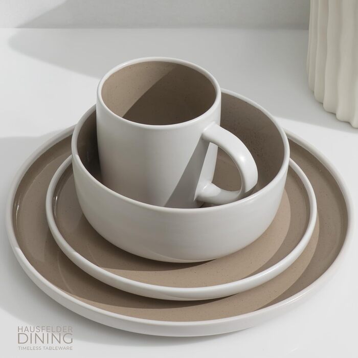 Набір посуду Hausfelder на 8 осіб (32 елементи) з каменю – сервіз для обіднього столу з тарілками, салатниками та чашками – миється в посудомийній машині, сучасний посуд, бежевий (Shadow Stone, 48 елементів)