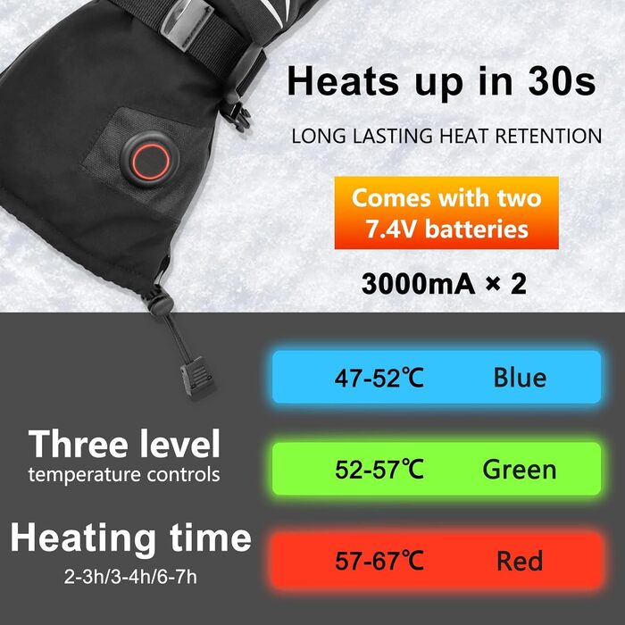 Обогріваючі рукавички Loowoko з акумулятором 7.4v 3000mAh (2 шт.), 3 режими нагріву, водонепроникні, з підтримкою сенсорного екрану, USB для роботи на відкритому повітрі, мотоцикла, велосипеда, катання на лижах, альпінізму, піших прогулянок