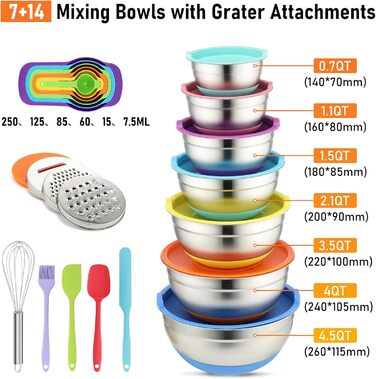 Набір міксерів BEWOS 7 шт. з кришкою, нержавіюча сталь, різні розміри (0.7-4.5 Qt)