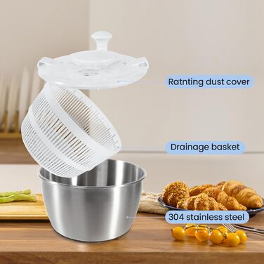 Швидка салатниця-швидкокрутка з нержавіючої сталі 4.5 л, біла