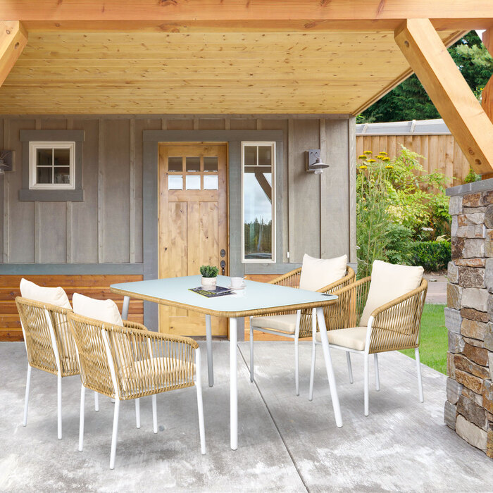 Набір садових меблів, 5 предметів, з імітацією ротангу, подушки для сидіння та спинки, міцний алюмінієвий каркас, колір: жовтий/білий/бежевий