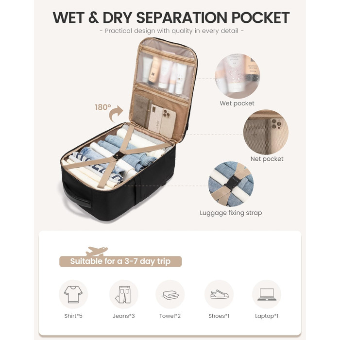 Чорний жіночий рюкзак OVEVOOK для подорожей та ділових поїздок, 40л, водонепроникний, з органайзером для взуття