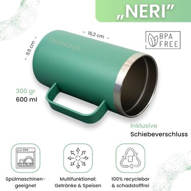 Термокружка 'Neri' 600мл з нержавіючої сталі, з подвійними стінками, вакуумна ізоляція, для кави з собою, BPA Free, миється в посудомийній машині (Турквіс)