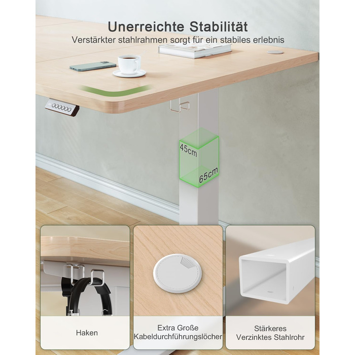 Регульований стіл JUMMICO 160 x 70 см з USB-портом для зарядки, електричний, стоячий/сидячий, бежевий