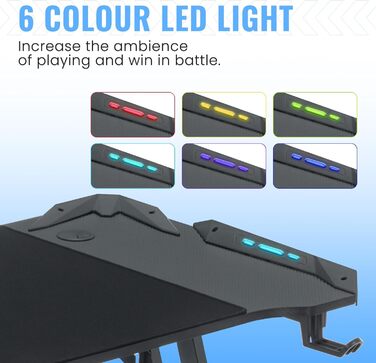 Ігровий стіл Kidsgigglz з LED-підсвічуванням 120x60 см - ергономічний комп'ютерний стіл з тримачем для напоїв та гачком для навушників. Підходить для дому, офісу та як кутовий стіл.