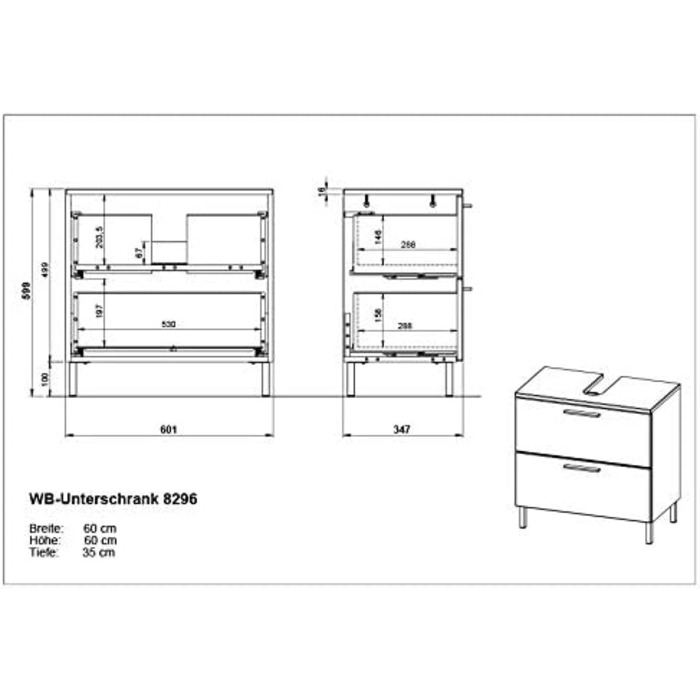 Базова шафа 8296-84 GW-Arvada, біла, 2 ящики, виїмка для сифона, 60x635 см