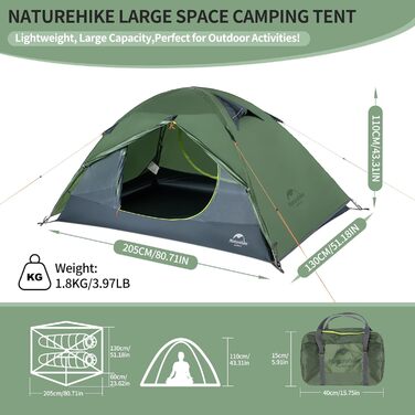 Naturehike ультралегкий туристичний намет для 1-2 осіб, купольний, 3-4 сезони, компактний, для кемпінгу та трекінгу, швидке встановлення, вітро- та водостійкий, з двостороннім входом