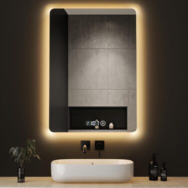 Дзеркало для ванної кімнати з підсвічуванням та годинником Boromal 50x70 см, диммер, 3 кольори світла, 2470 лм