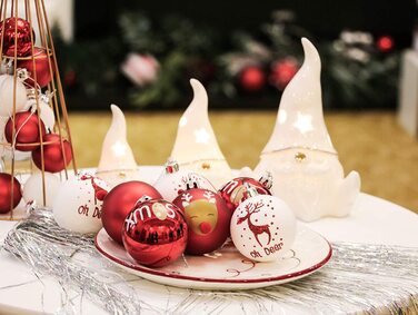 Майстерня Віктора з виготовлення різдвяних куль 9 шт. набір пластикових різдвяних дрібничок, 6 см, для прикраси різдвяної ялинки, набір пластикових різдвяних прикрас з підвісками, в зимовій тематиці, сріблясто-білий (червоно-білий)