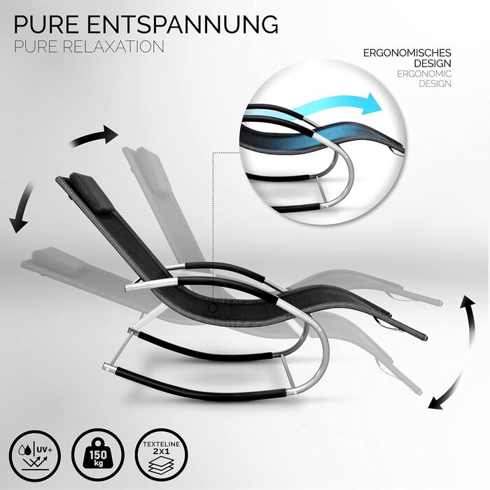 Розслаблююче крісло-шезлонг Tillvex для саду | Водостійкий шезлонг | Крісло-гойдалка з навантаженням до 150 кг | Лежак з дихаючою спинкою (Антрацит/Сірий) (Чорний)