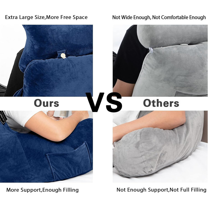 Підголовник для ліжка Lesekissen з знімною подушкою для шиї та вищим підлокітником для сидіння в ліжку, на дивані або на підлозі - спинка для читання, подушка для спини для дорослих для читання, перегляду телевізора, світло-сіра (блакитна, середня)