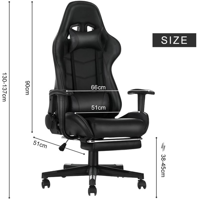 Ігрове крісло Panana з високою спинкою Поворотне офісне крісло з підставкою для ніг і подушкою Крісло для ПК Гоночне комп'ютерне крісло (чорне)
