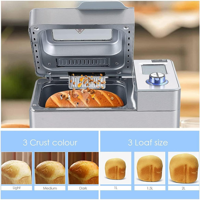 Хлібопічка, автоматична хлібопічка Nictemaw 25 програм, ємність 500 г/750 г/900 г РК-дисплей, програмована для хлібопічки, таймер на 13 годин, для хліба, печива, тіста (550 Вт)