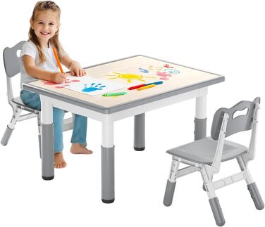 Дитячий стіл зі стільцями, дитяча група меблів, регульована висота, HDPE та ABS, багатофункціональний ігровий стіл для дітей 2-10 років, ергономічний набір столи та стільця для дитячої кімнати (80*60 см, сірий)