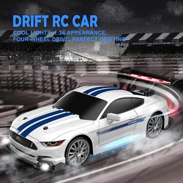 RC Автомобіль Drift Car 1:24 4WD 2.4GHz, 20 км/год, з LED підсвіткою та двома акумуляторами, для дітей (білий)