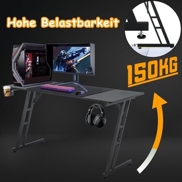 Ігровий стіл XMTECH 140x60 см з RGB LED, стіл для комп'ютера з карбоновою поверхнею, ергономічний стіл з тримачем для навушників та підстаканником, чорний