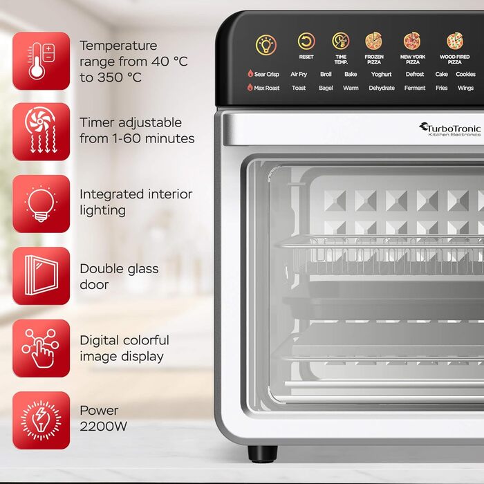Багатофункціональна піч TurboTronic Multi Smart Oven 16-в-1: піч, фритюрниця, дегідратор, гриль, піч для піци. Об'єм 34 л, 2200 Вт, до 1 кг картоплі фрі, 40-350°C.