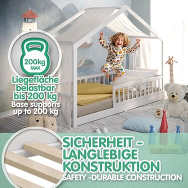 CADANI Мальте - ліжко-будиночок для дітей 120x200 см, біле, Montessori, з бортиками, трансформується, з ламелями, до 200 кг, біле