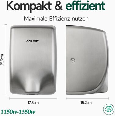 Anydry 2803Y Міні-сушарка для рук, 1350W, нержавіюча сталь, матове покриття, для офісу та дому