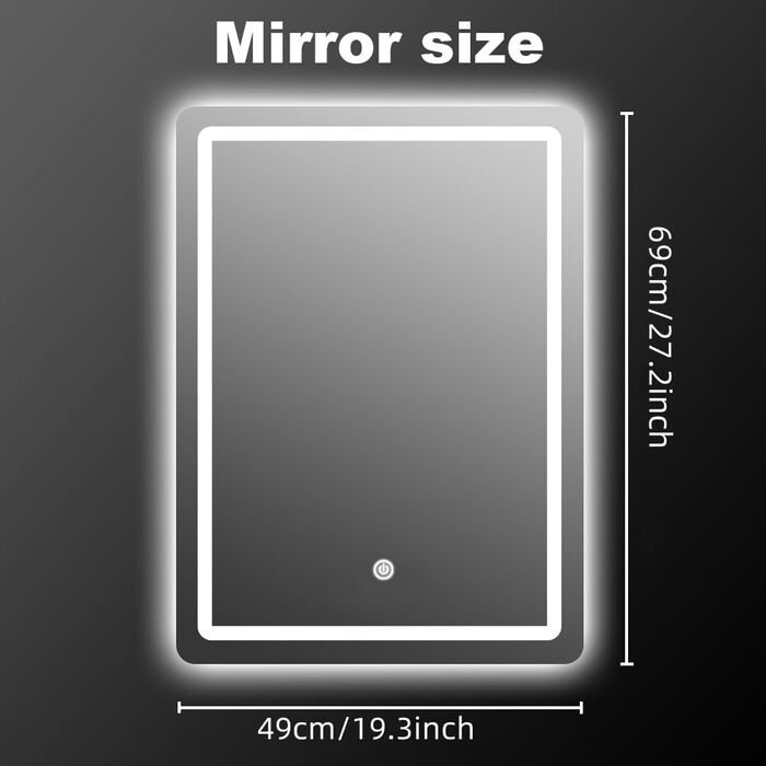 Дзеркало для ванної кімнати MYGIIVOVO з підсвічуванням LED, сенсорне керування, 3 кольори, регулювання яскравості (48x68 см)