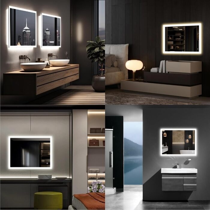 LED дзеркало для ванної кімнати 80x60 см з підсвічуванням, 3 кольори світла, регулювання яскравості, антизапарник, сенсорне керування, пам'ять, IP44, вологостійке, 6500K