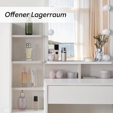 Тюльпанний туалетний столик TUKAILAI з LED-підсвічуванням та пуфом, дзеркало з 3 кольорами, компактний столик для макіяжу з шухлядою та відкритими полицями, 87x40x149 см