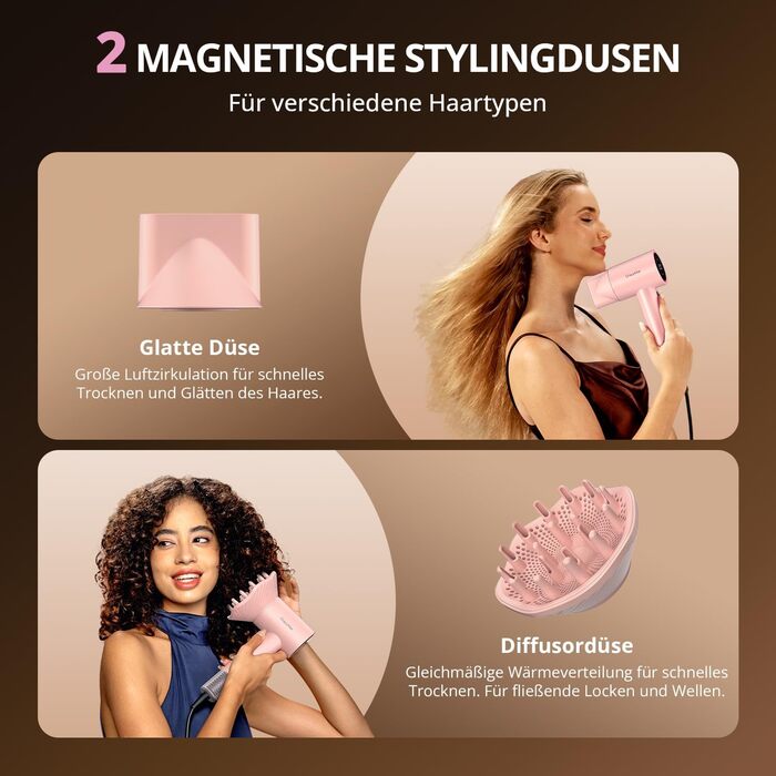 Іонний фен для волосся з безщітковим двигуном 180 000 об/хв, компактний дорожній фен з 4 режимами температури та захистом від перегріву, рожевий