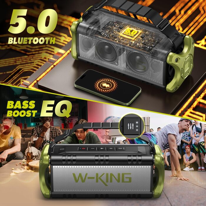 W-KING Портативна Bluetooth Колонка 90W, Вологостійка IPX6, 40 годин, Powerbank, NFC, AUX, TF, Зелена
