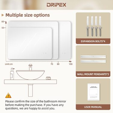 Дзеркало для ванної кімнати з LED підсвічуванням Dripex, сенсорне керування, регулювання яскравості, 3 кольори світла, антизапар, 80x80 см