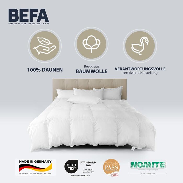 BEFA NATUR Daunendecke 135x200 см: 100% натуральний пух, 560 г, для алергіків, Made in Germany