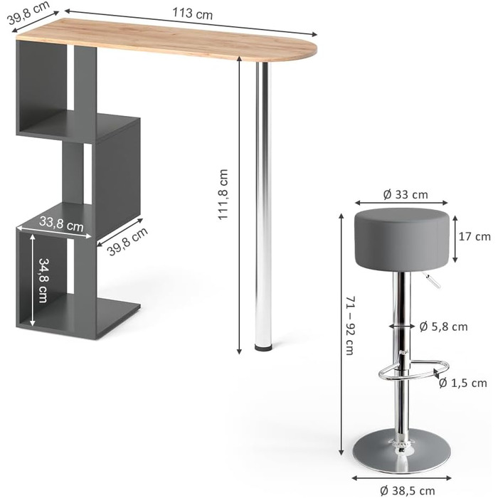 Барний стіл Vicco Vincent, Білий, 113x40 см (Anthracite-Goldkraft в т.ч. Барний стіл)