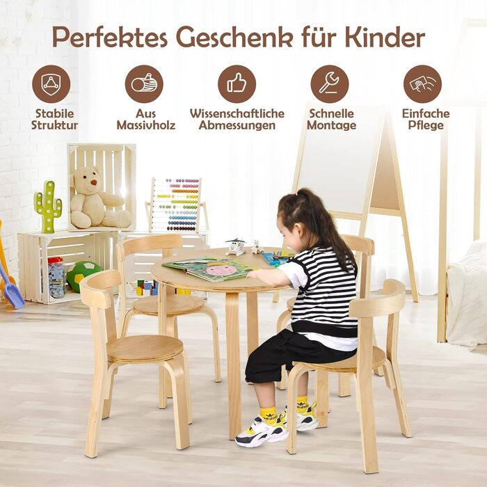 Дитячий столик та 4 стільчики DREAMADE з масиву дерева, дитячий меблевий набір для дівчаток та хлопчиків (натуральне дерево)