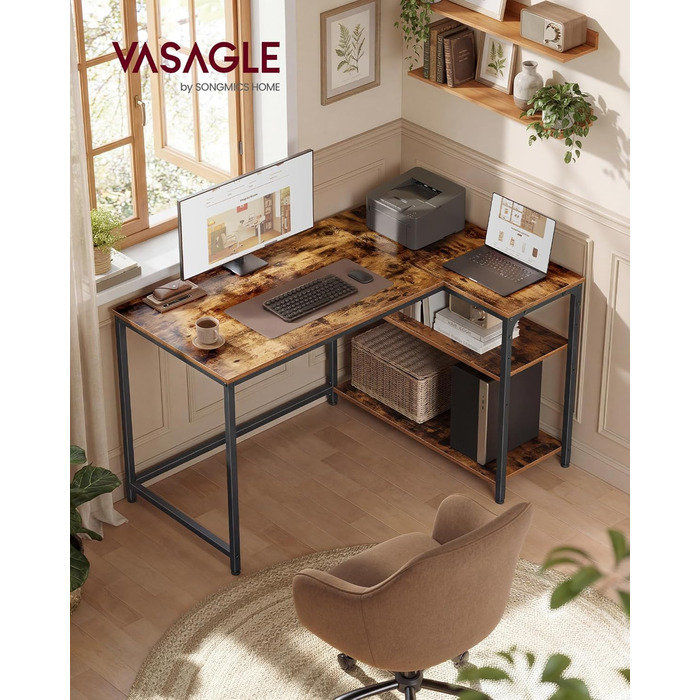 Кутовий стіл VASAGLE L-подібної форми з полицею, для офісу та дому, 110 x 80 см, vintage brown