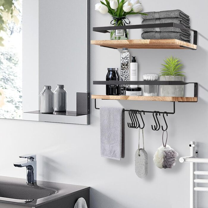 Набір підвісних полиць з дерева Uten (2 шт), рустикальна настінна полиця з тримачем для рушників, світло-коричнева — для ванної, кухні, вітальні та спальні