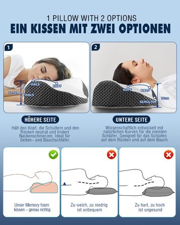 Ортопедична подушка для шиї IDEA з Memory Foam, для сну на боці, спині та животі, ергономічна, 62x34.5x12/8 см