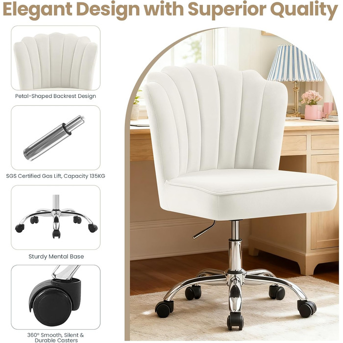 Крісло для офісу Fiximaster Homeoffice, крісло для робочого місця, обертове, регульоване по висоті, з м'якою оббивкою з велюру, золоті ніжки, до 135 кг, зелений колір