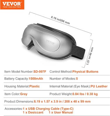 Масажер для очей VEVOR з гарячою компресою, 5 режимів, Bluetooth-музика, 180° складна маска для догляду за очима, сірий