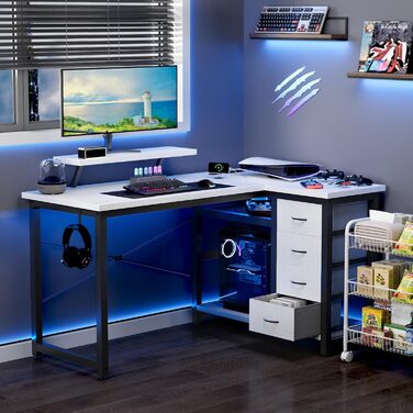 Комп'ютерний стіл L-подібний Devoko з 4 ящиками з тканини, 2 розетками та 2 USB-портами, для дому та офісу, ігор, білий, 140x80 см