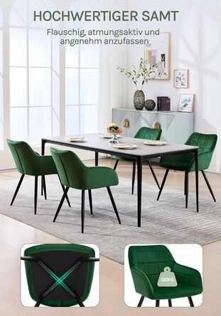 Крісла для їдальні WOLTU, крісла для кухні, м'які крісла з підлокітниками, 8 шт., темно-зелений, з велюровою оббивкою та металевими ніжками