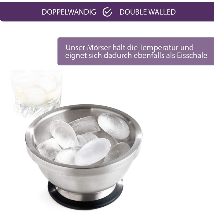 Мастрад - ступка та товкачок з нержавіючої сталі, стійкий до запахів, з антиковзним дном, придатний для миття в посудомийній машині