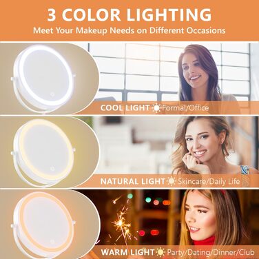 Дзеркало для макіяжу Auxmir з підсвічуванням, 1x, перезаряджуване, з підсвічуванням для гоління, настінне, з регулюванням яскравості, збільшувальне (30x), 3 кольори світла, поворотне на 360°, для ванної кімнати (білий)