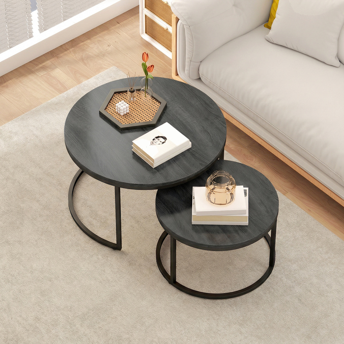 Сучасний комплект з двох журнальних столиків, складальні приліжкові столики з металевим каркасом для вітальні, спальні, офісу, чорного кольору