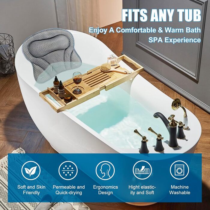 Подушка для ванни з піни memory foam, антиковзка, для шиї та спини, 4D вентиляція, 6 присосок, сіро-метеликовий колір