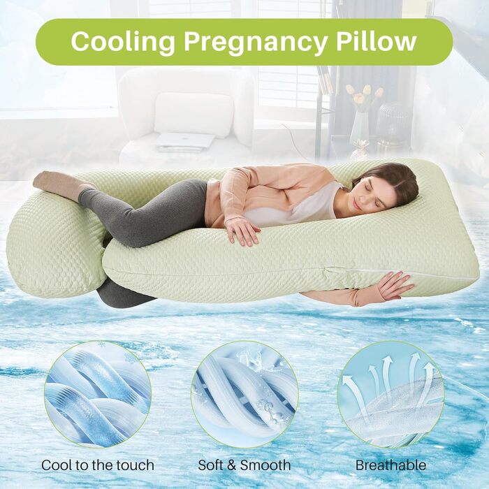 Подушка для вагітних GKXLH - J-подібна подушка для підтримки спини, живота та стегон. Знімний чохол з ефектом охолодження (Iced Bean Green)