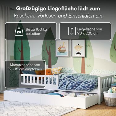 Ліжко дитяче Bellabino Vils 90x200 см з ящиком, захистом від падіння та ламелями – ліжко Монтессорі для дітей з масиву сосни, біле. Підходить для хлопчиків та дівчаток, з місцем для зберігання.