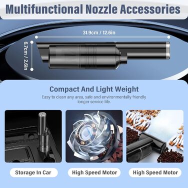Бездротовий ручний пилосос 3 в 1, портативний легкий міні-пилосос, що перезаряджається USB, автомобільний пилосос 120 Вт, ручний пилосос, світловий індикатор заряду, для автомобіля, дому, кухні, шерсті домашніх тварин, 370 г, чорний